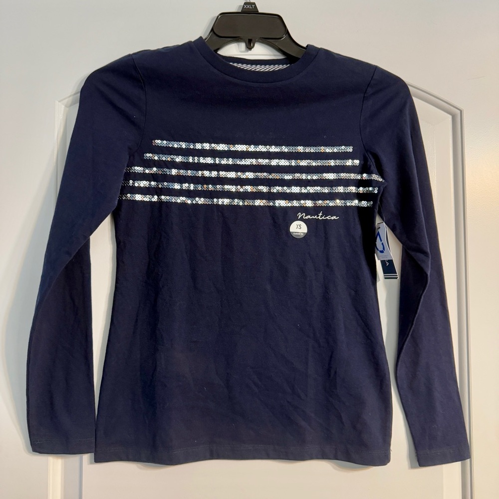 Nautica Long Sleeve Tee Women XS Navy Blue New Sequin Striped Classic Tee